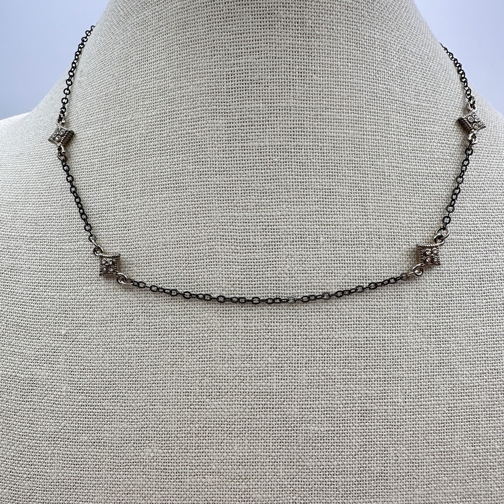 Vintage Y2K Clear Rhinestone Station Square Necklace Silver Tone Women's Jewelry